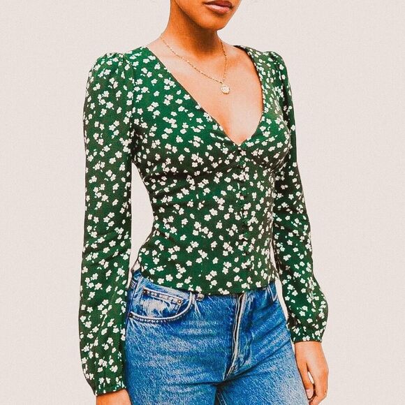 Reformation Nell Top in Annette Green Floral – Cottage Romance Blouse Small - Picture 1 of 8